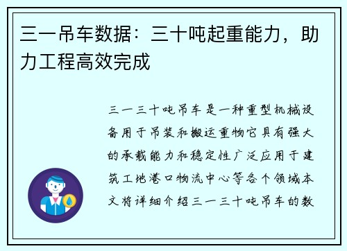 三一吊车数据：三十吨起重能力，助力工程高效完成