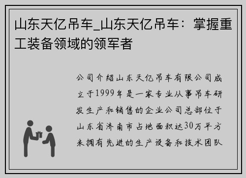 山东天亿吊车_山东天亿吊车：掌握重工装备领域的领军者