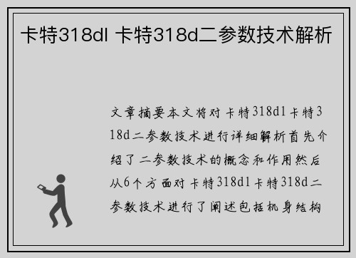 卡特318dl 卡特318d二参数技术解析